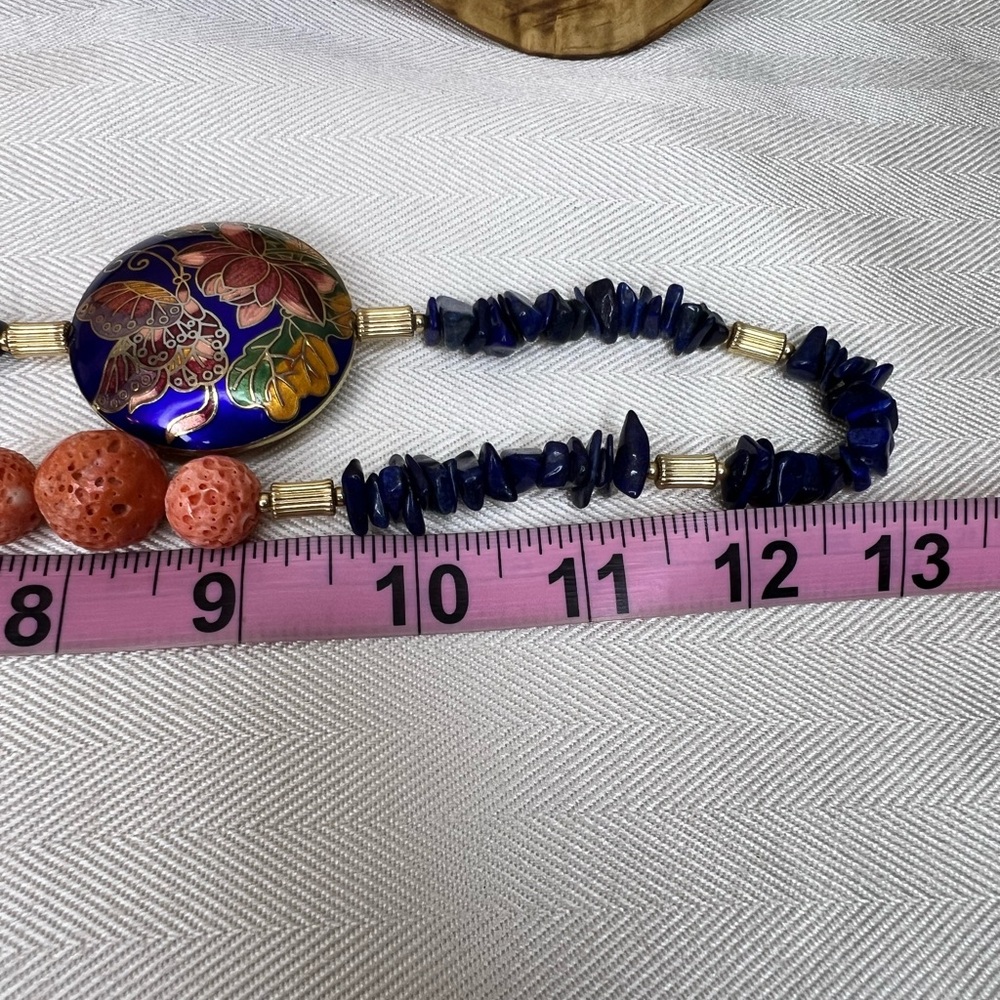 Lapis Lazuli Blue & Orange Sponge Coral Floral Cloisonné Pendant MJ Necklace - Picture 13 of 14